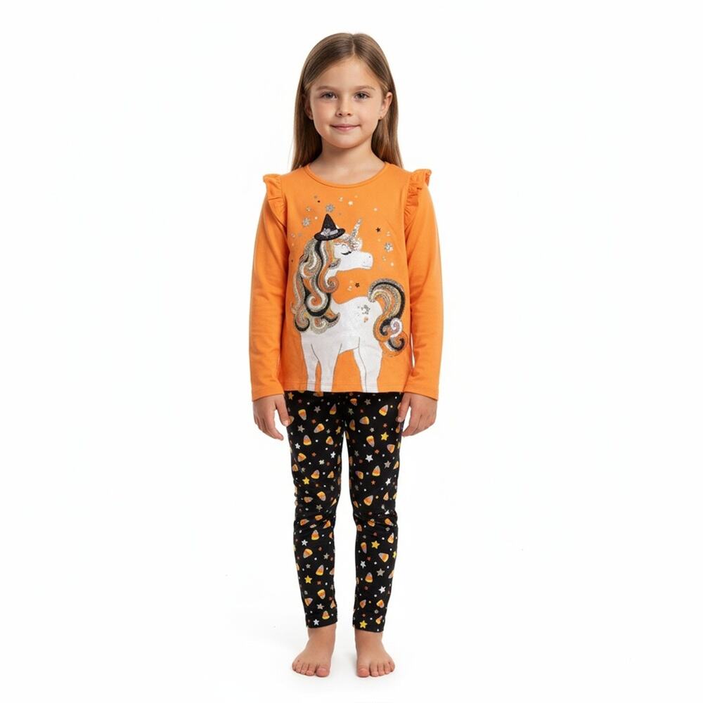 Spooky Night Girls Orange Black Unicorn Sequin Ruffle Halloween 2PC Set Size 5/6
